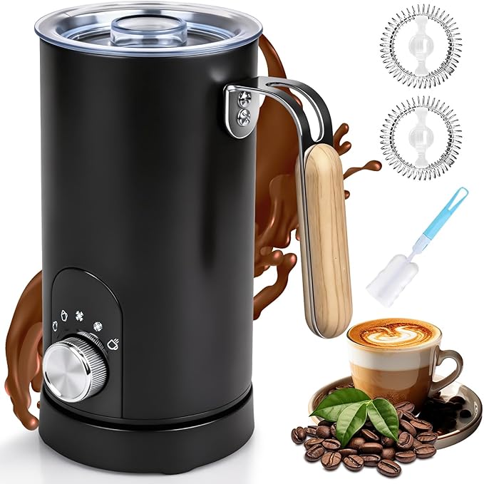 5-in-1 Electric Milk Frother and Steamer, Automatic Milk Foamer Hot Chocolate Maker with Wood Grain Handle, 11.8oz Milk Warmer and Heater for Latte, Cappuccino, Hot Cocoa Maker, Frother for Coffee