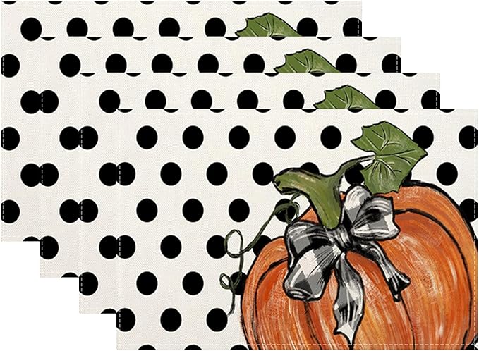Fall Placemats Set of 4, 12x18 Inches Polka Dot Orange Pumpkin Decorative Linen Rectangle Autumn Thanksgiving Decor Pumpkin Table Mats for Party Home Kitchen Dining Table Decoration