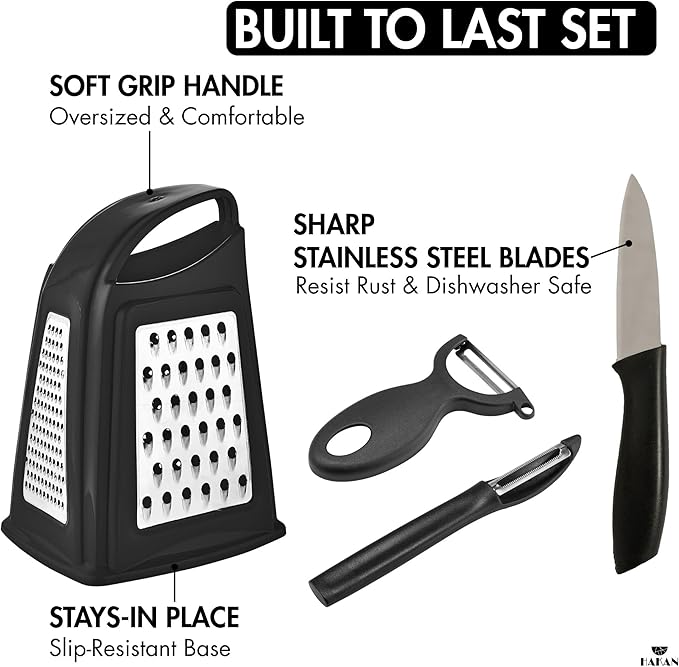 Hakan Grater, Chop and Peel Set | Handheld 3-Sided Grater with Multiple Shred Sizes, Y-Shaped Vegetable Peeler, I-Shaped Food Slicer & Spear Knife | Stainless Steel Kitchen Tools | Black, 4 Pcs