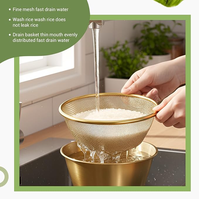 Baderke 2 Pcs Mini Colander & Food Strainer 304 Stainless Steel Small Mixing Colanders Bowl Rice Strainer for Kitchen Cooking Fruit Washing Vegetable(5.51 x 2.36 Inches,Gold)