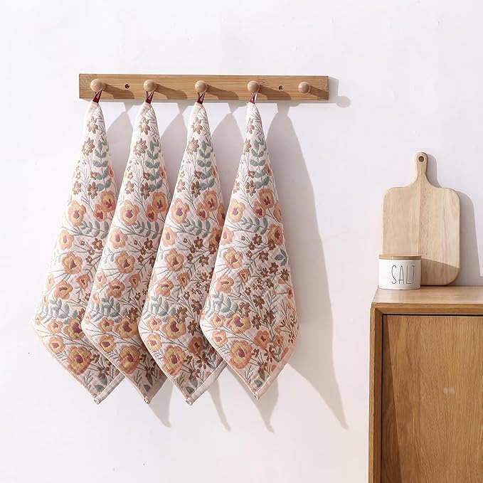 Kitchen Dish Towels for Drying 100% Cotton Set of 4, Ultra Absorbent Quick Drying Thick Reusable Cleaning Decorative Tea Towels with Hanging Loop,Reversible Boho Pretty Hand Towels,Floral