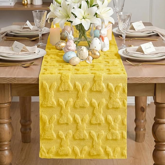 Artoid Mode Pale Yellow Soft Plush Faux Fur Jacquard Bunny Rabbit Easter Table Runner, Seasonal Kitchen Dining Table Decoration for Home Party Decor 13x72 Inch