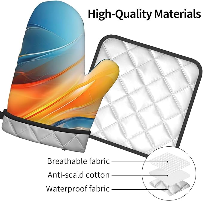 Burnt Orange Blue Abstract Fluid Oven Mitts and Pot Holders Sets of 3, Heat Resistant Non-Slip Boho Modern Kitchen Gloves Gift for Cooking Lover, Stylish Kitchen Decor for Baking BBQ Cooking Grilling