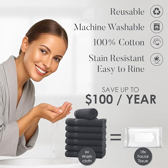 DAN RIVER 12-Pack Premium 100% Cotton Dark Gray Face Towels for Bathroom - Reusable Face Wash Cloths for Showering 12x12 Inches - 550 GSM Super Soft & Absorbent Luxury WashCloths for Body, Spa & Gym