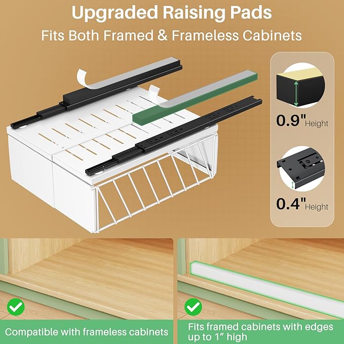 Pull out Cabinet Organizer, 2-Pack Expandable Width(9.8"-13.8") Heavy Duty Slide out Drawers with Raising Pad for Framed Cabinets, Adhesive Roll Out Shelves for Pantry, Kitchen,Bathroom Storage(White)