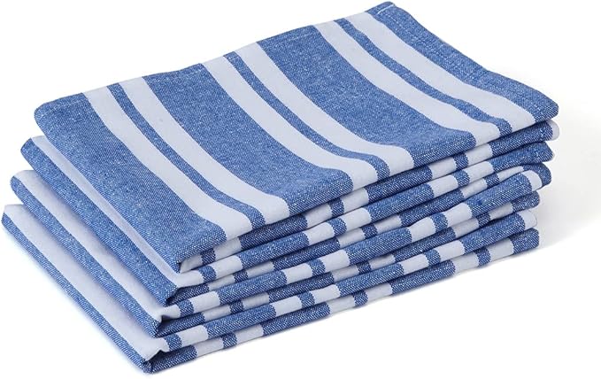 Encasa XO Cotton Kitchen Towel Set | Hand and Tea Cloth for Cleaning & Quick Drying, X-Large 28"x18" (Pack of 4) Highly Absorbent - Franca Blue Stripes