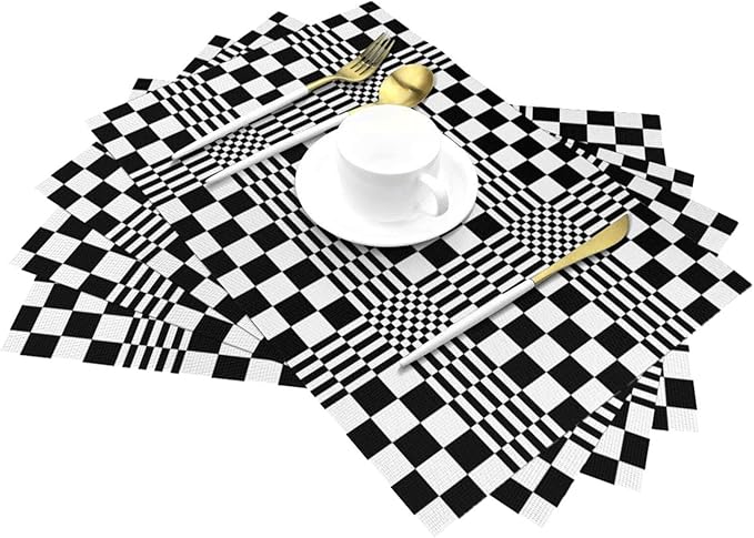 Modern Checkered Linen Placemats Set of 4, Retro Black & White Geometric Patterned Place Mats for Dining Table, Kitchen, Party, 12 x 18 Inch Non-Slip Heat Resistant White Black Table Mats, Home Decor