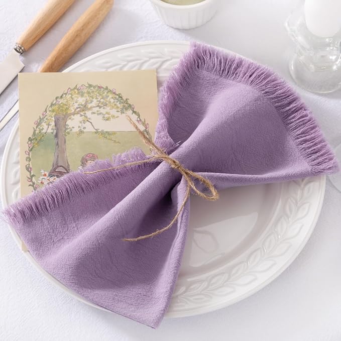 DeZerlor 6 Pack Purple Cotton Linen Napkins with Fringe Spring Cloth Napkins Set of 6 Boho Handmade Dinner Napkins Bulk for Wedding Bridal Baby Shower Parties, 17 x 17 Inches