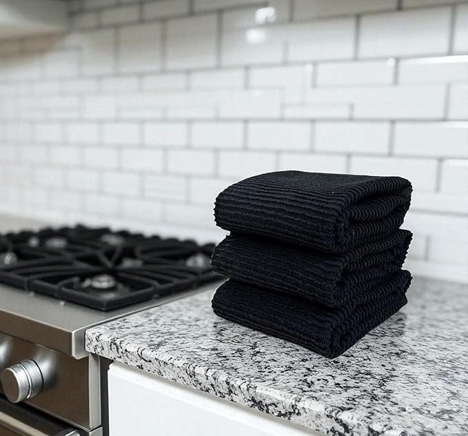 Serafina Home Oversized Solid Color Black Kitchen Dish Towels: 100% Cotton Cloth Soft Cleaning Drying Absorbent Ribbed Terry Loop, Set of 3 Multipurpose for Everyday Use (Black)