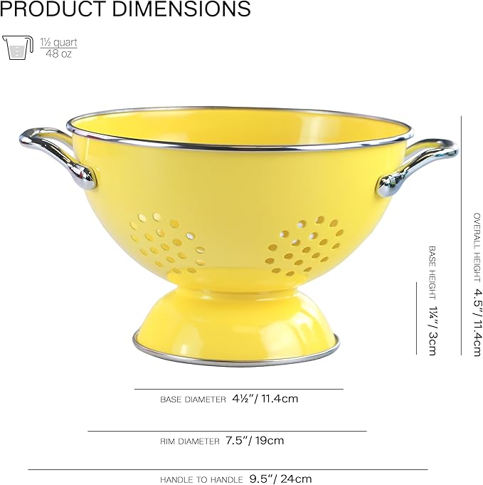 Reston Lloyd, 1.5 Quart Powder Coated Steel Kitchen Strainer Basket for draining Pasta, Vegetable and Fruit, Chrome Handles and Wide Stable Base, Lemon