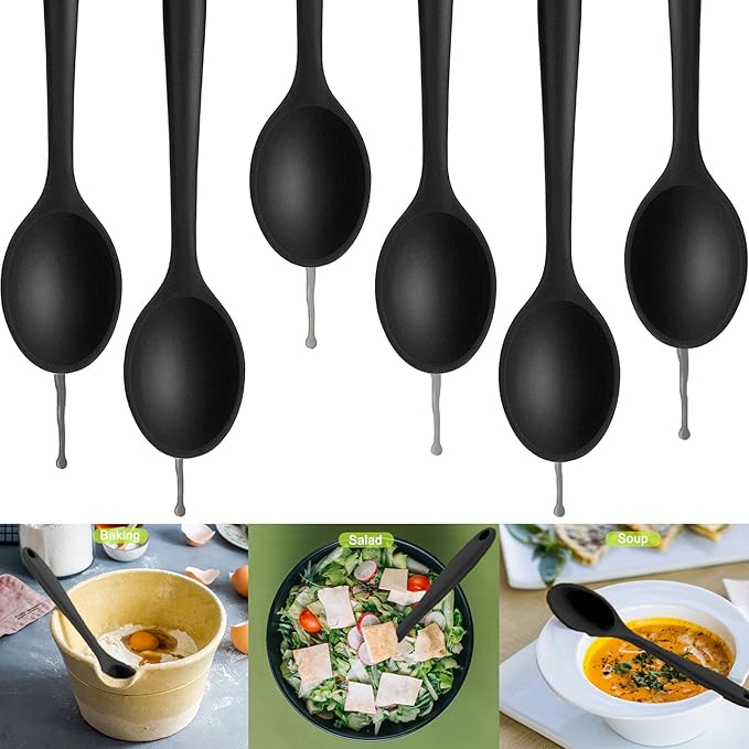 Beieverluck 6 Pack Large Silicone Cooking Spoons 10.8'' Heat Resistant Kitchen Spoons for Cooking Silicone Serving Stirring Mixing Spoons, black