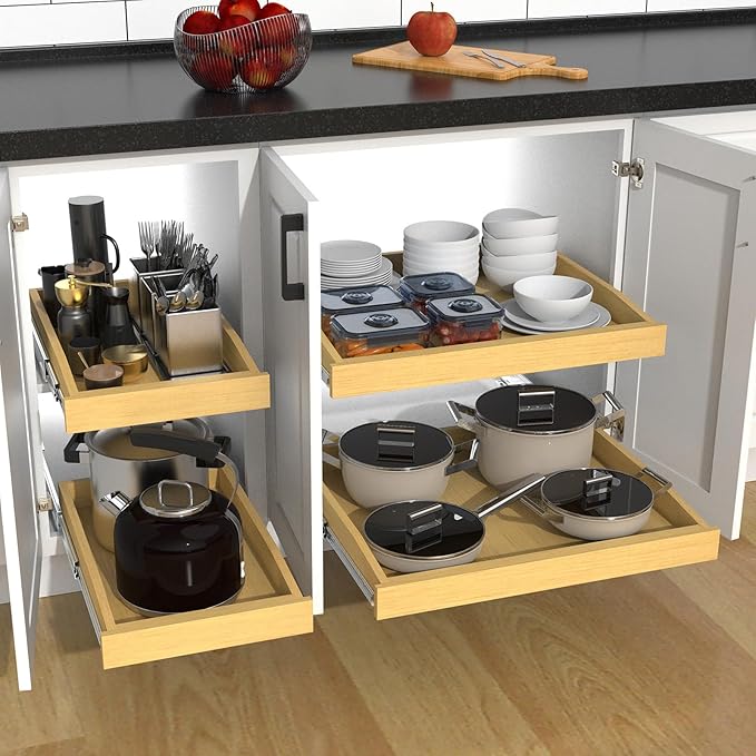 Wooden Pull out Cabinet Organizer 17" W x 21" D x 3.35" H, Heavy Duty Slide Out Drawers Pull-Out Home Organizers for Kitchen Cabinets