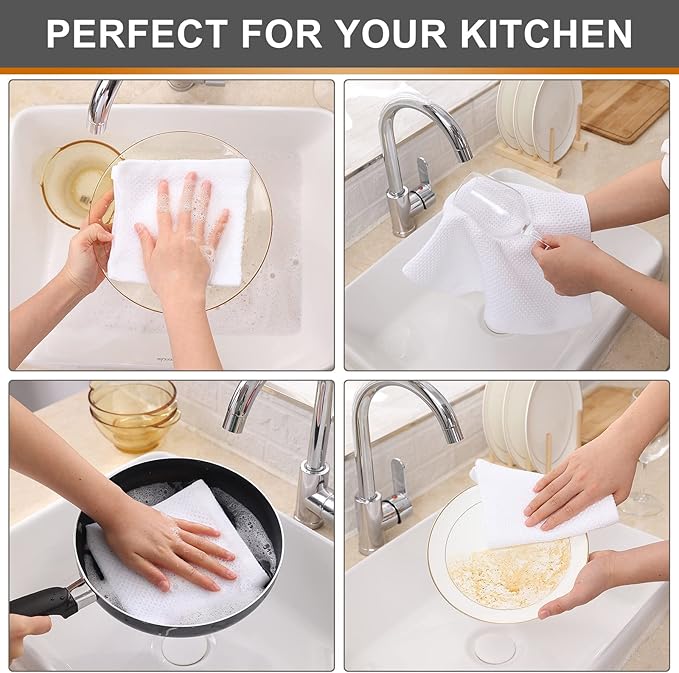 Kitinjoy 100% Cotton Kitchen Dish Cloths (12 X 12 Inches, White), 12 Pack Waffle Weave Ultra Soft Absorbent Dish Towels for Drying Dishes Quick Drying Kitchen Towels Dish Rags