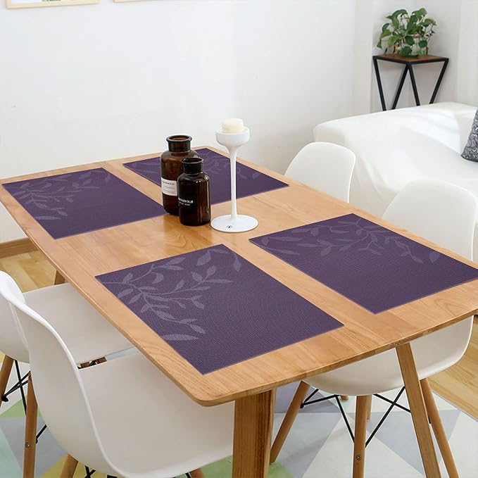 SHACOS Woven Vinyl Placemats Set of 4 Purple Leaf Pattern Place Mats Wipe Clean Durable PVC Heat Resistant Table Mats (4, Leaf Purple)