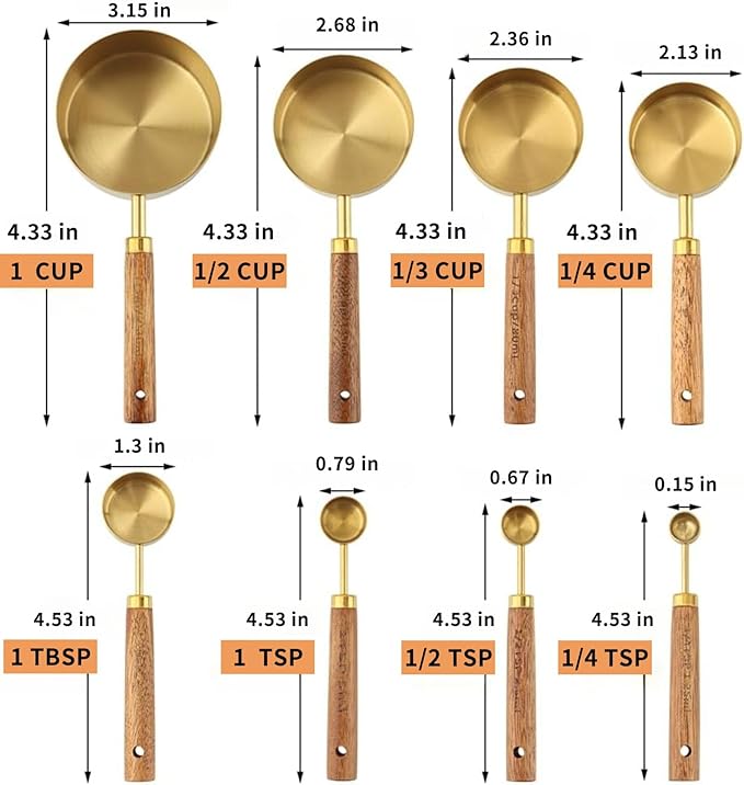 Measuring Cups and Spoons Set 8-Piece, Food-Grade Golden Nonstick with Non-Slip Wooden Handle, Engraved US/Metric Markings for Cooking Baking