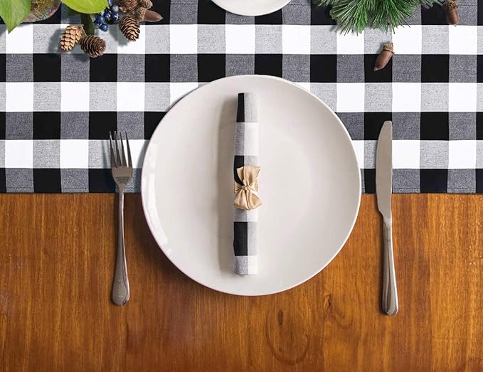 DUOBAO Black and White Checkered Table Runner 90 inches Long Halloween Tablecloth Runners Buffalo Plaid Fabric with Tassels Gingham for Table Outdoor Indoor Wedding Birthday Party (14x90-Inch)