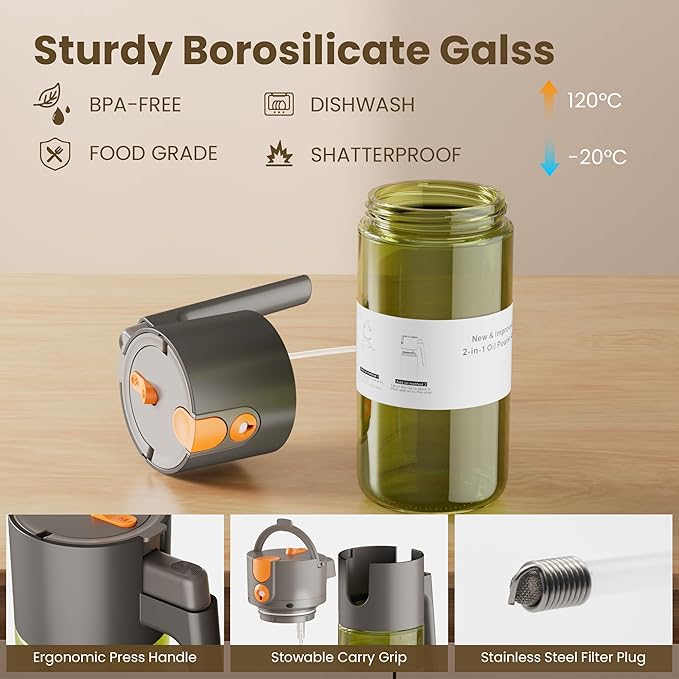 LUKUMIQI 2 in 1 Oil Sprayer for Cooking, 17oz Light-Blocking Glass Spray Bottle with Stickers, Oil Dispenser for Salad, Air Fryer & BBQ