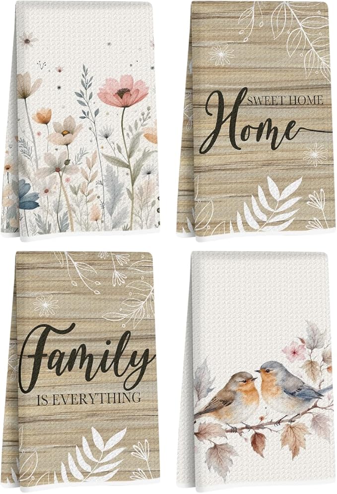 4 Pcs Flower Kitchen Towels, Bird Soft Absorbent Tea Hand Towel, Microfiber Dish Cloths for Drying Dishes, Waffle Dish Towels for Kitchen Bathroom Home Decor, Farmhouse Gifts for Women Mom