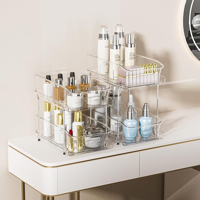 Delamu 2-Tier Under Sink Organizers and Storage, Multi-Purpose Stackable Bathroom Cabinet organizers, Pull Out Kitchen Pantry Organization and Storage with Dividers(2 Pack, Clear)