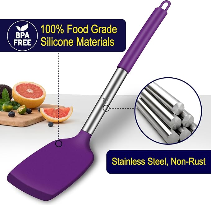 HOTEC Silicone Spatula Set of 2 Heat-Resistant 600°F & BPA-Free Kitchen SaptulaTurner with Stainless Steel Handles, Slotted & Solid Spatulas for Nonstick Cookware, 13.7 Inch, Purple