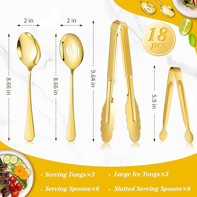 Mwellewm 18Pcs Serving Utensils, Serving Spoons for Buffet, Serving Tongs for Food, Large Slotted Spoons, Stainless Steel Banquet Cutlery Set for Parties Weeding Birthday Entertaining Catering(Gold)
