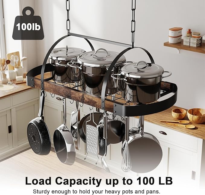 Hanging Pot Rack,32-Inch Ceiling Pot Rack for Kitchen,Space-Saving Pot Hanger with 16 Detachable S Hooks,Sturdy Metal Frame,Industrial Style,for Pot, Pan Storage,Space-Saving