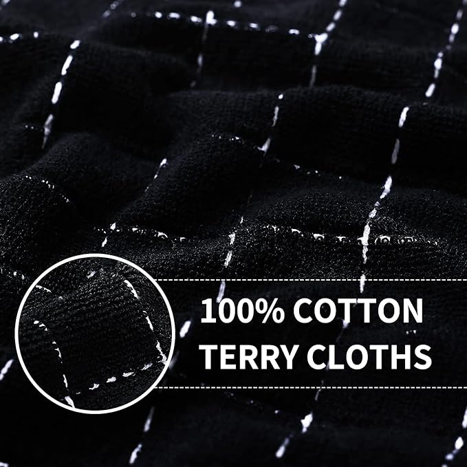 Homaxy 100% Cotton Terry Kitchen Towels(Black, 13 x 28 inches), Checkered Designed, Soft and Super Absorbent Dish Towels, 18 Pack