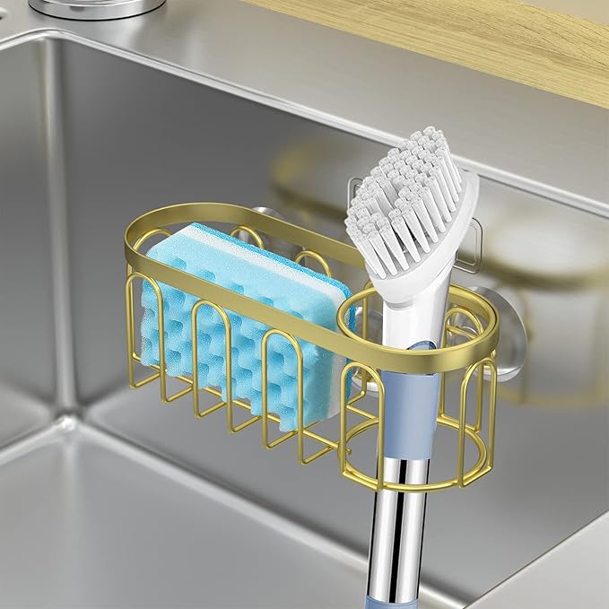 Yazoni 2-in-1 Sponge Holder for Kitchen Sink, Sink Caddy Kitchen Sink Organizer with 3 Suction Cups, No Drill Rustproof Sink Sponge Holder for Dish Brush, Soap & Sponge (Gold)