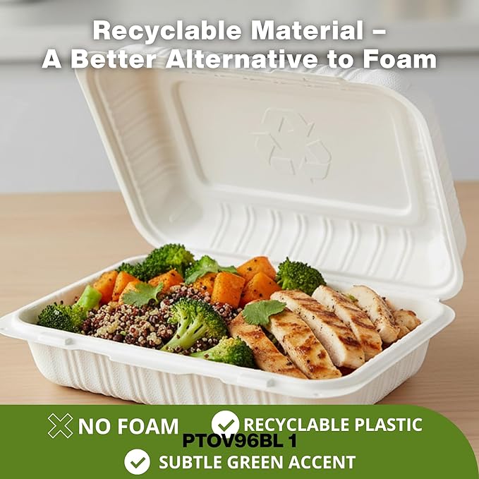 Front Lock MFPP Hinged Container, White 9" x 6" – 1 Compartment Clamshell Disposable Takeout Boxes, Durable Microwaveable To-Go Containers for Restaurant & Food Service – 200 Pack