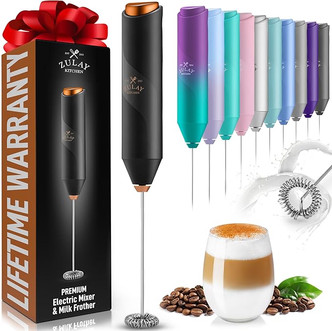 Zulay Kitchen Milk Frother Handheld Battery Operated – Electric Drink Mixer for Coffee, Lattes, Cappuccinos, Matcha & Hot Chocolate – Portable Foam Maker & Coffee Bar Accessory - Alpha Black Copper
