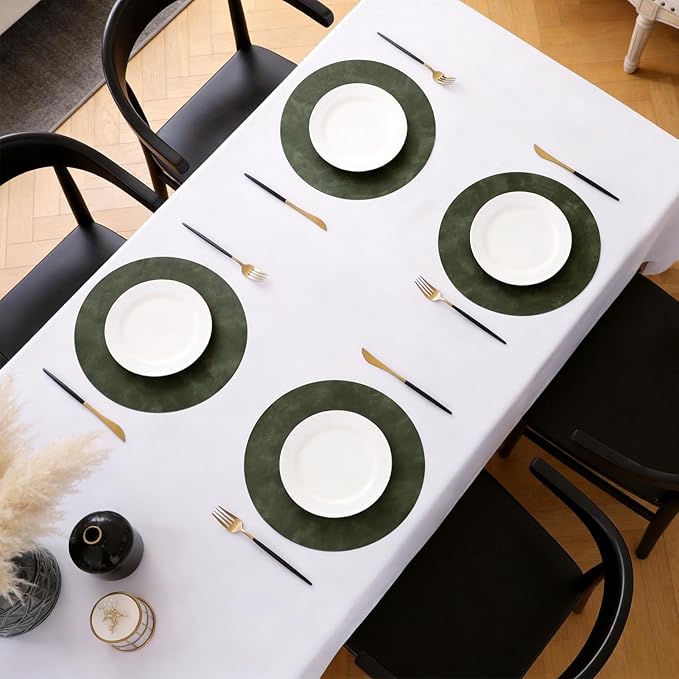 MOSAYT 13 Inch Round Vinyl Placemats Set of 4 - Faux Leather 100% Waterproof Oil-Proof Wipeable PU Place Mats, Heat Resistant Reversible Table Mats for Kitchen, Dining, Outdoor (Olive Green)