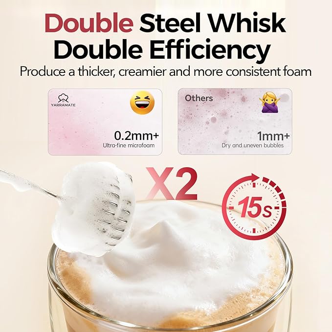 YARRAMATE Rechargeable Milk Frother Wand Handheld, 3 Speed Adjustable Electric Drink Mixer with 2 Whisks, Stainless Steel Stirrer for Coffee, Lattes, Protein Shakes, Matcha, Egg