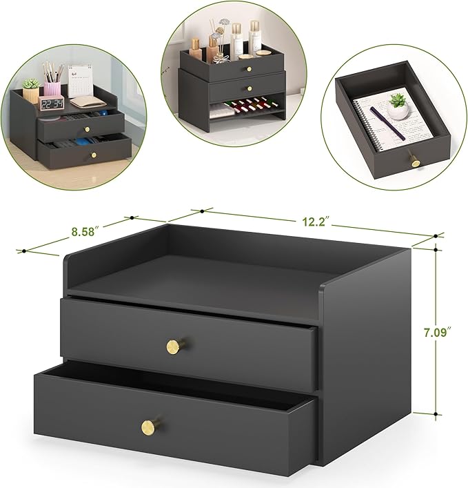 Bamboo Desk Organizer with Drawers Wooden Desktop Storage Drawers for Bills Office Supplies Kitchen Utensils Organizing Tool for Home Classroom Organization No Assembly (Black, 2 Drawers)