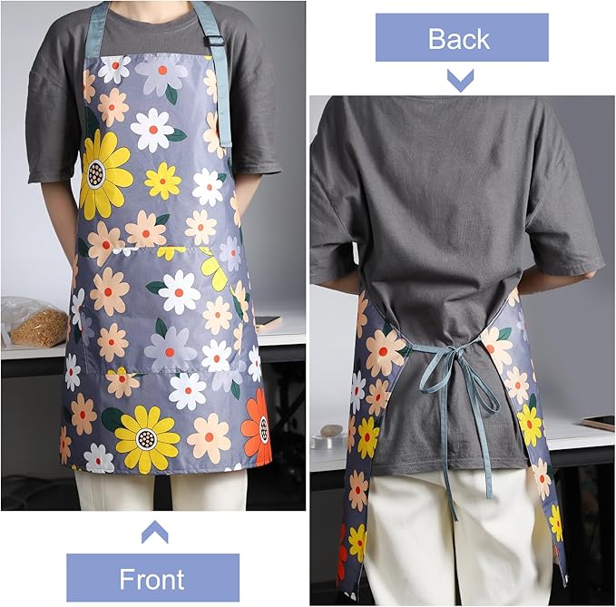 Apron for Women with Pockets, Adjustable Waterproof Floral Chef Aprons for Kitchen, Gardening, Cooking, BBQ or Baking
