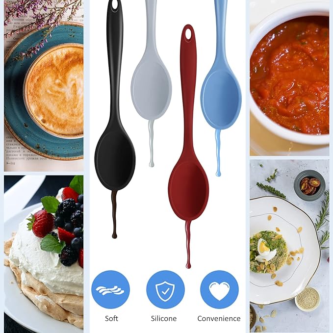 Shappy 4 Pieces Silicone Cooking Spoons 10.6 Inch Heat Resistant Kitchen Spoons for Mixing, Serving and Stirring Upgrade Large Non Stick Basting Utensils, Dishwasher Safe(Spoon,Fashionable Color)