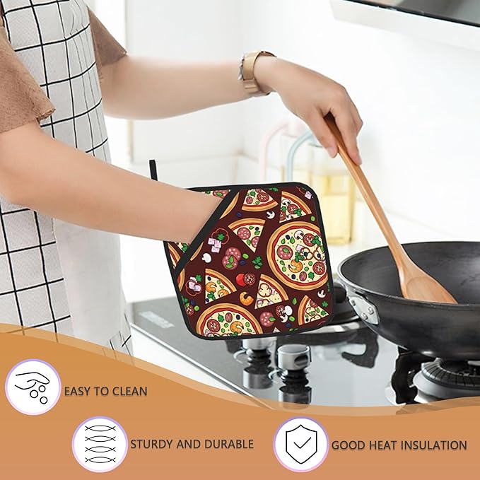 2 Pack Pizza Slices Ingredients Pot Holders for Kitchen Heat Resistant, Potholders for Kitchens Washable for Cooking & Baking & Microwave