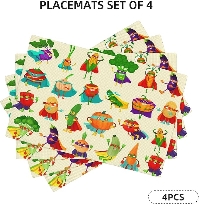 Vibrant Superhero Vegetable Linen Placemats Set of 4, Heat Resistant Non Slip Cute Place Mats for Dining Table, Kitchen, Kids’ Party, Family Gathering, Whimsical Home Decor, Gift for Children Parents