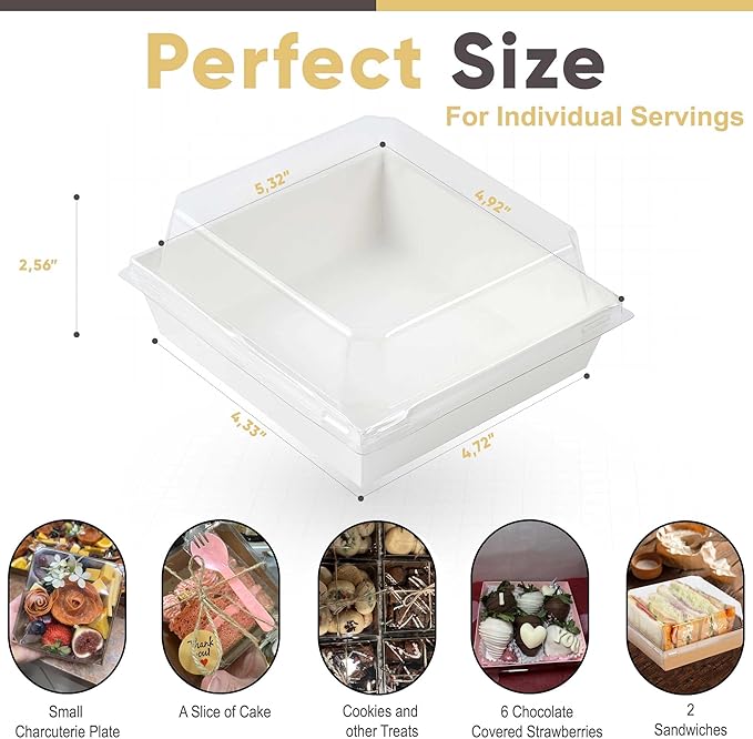 Leafiew 50 Pack Small Charcuterie Boxes with Clear Lids - To Go Paper Mini Charcuterie Box, Disposable Food Containers, 5Inch Dessert Boxes - Sandwich, Cookie, Sushi, Cake Slice, Strawberries (White)
