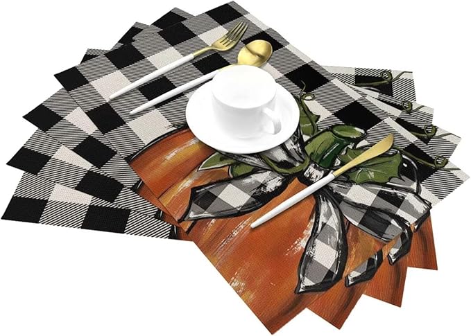 Fall Pumpkin Placemats 12x18 Inch Set of 4, Black White Plaids Pumpkin Table Place Mat Thanksgiving Autumn Orange Harvest Washable Table Mats Decorative Linen Fabric Table Mat for Dining Table