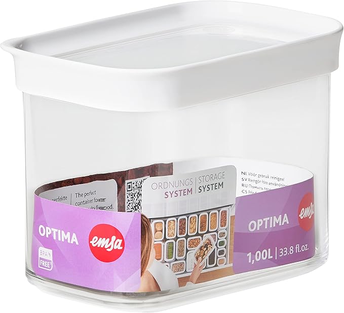Emsa N11418 Optima Dry Storage Container 1 Litre Rectangular Portrait Format 100% Safe Hygienic Safe and Space-Efficient Fresh Seal BPA-Free Transparent Design