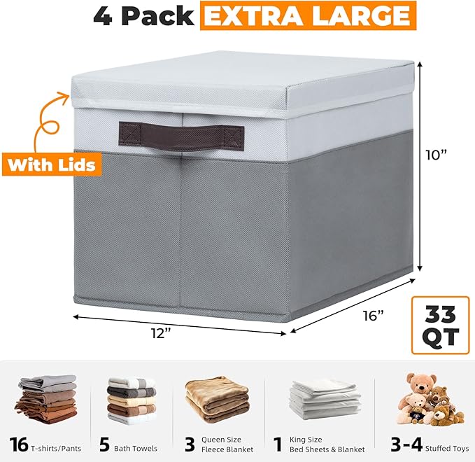 Extra Large Storage Baskets with Lids 4 Pack, 33 QT Throw Blanket Basket for Living Room - Stackable Decorative Closet Shelf Organizers and Storage Box for Organizing Clothes Towels Book - 16x12 in