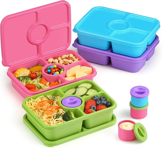 Bento Snack Box Containers, Reusable Meal Prep Lunch Containers for Adults Kids, Stackable Bento Snack Box 4 Pack, Divided Lunchable Food Storage Containers with Sauce Container, Rose Pink
