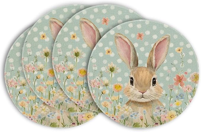 Artoid Mode Blue Bunny Polka Dot Easter Placemats Set of 4, 14 Inch Round Seasonal Spring Holiday Table Mats for Party Kitchen Dining Decoration