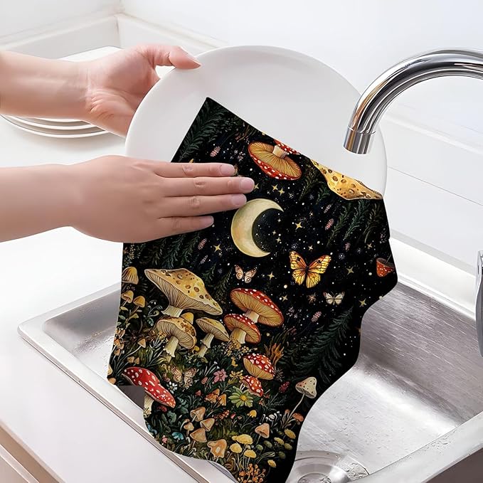 Mushroom Moth Kitchen Towels Decorative Set of 4, Witchy Dish Towels Absorbent Hand Drying Cloth for Cooking Baking, Mushroom Witchy Gifts for Women 16"x24", Black Kitchen Decor