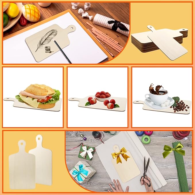 Vmiapxo 16 Pack Unfinished Wood Cutting Board Craft with Handle, Wooden Paddle Cheese Bread Board Set Chopping Board Serving Tray for Craft DIY Christmas Home Kitchen Cooking Decor (11.8" x 6.3")