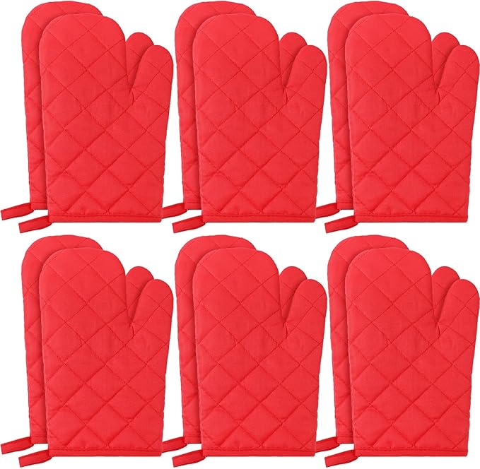 6 Pairs Heat Resistant Oven Mitts Kitchen Oven Gloves 11 Inch Long Quilted Cotton Polyester Kitchen Gloves for Cooking, Baking, Grilling BBQ (Red)