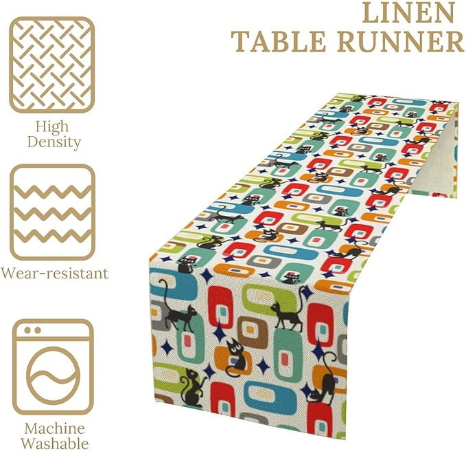 Mid Century Modern Table Runners Cute Black Cat Abstract Geometric for Dining Room Dinner Runner Kitchen Indoor Outdoor Patio Party Decor Fabric 1 Panel W13xL70in