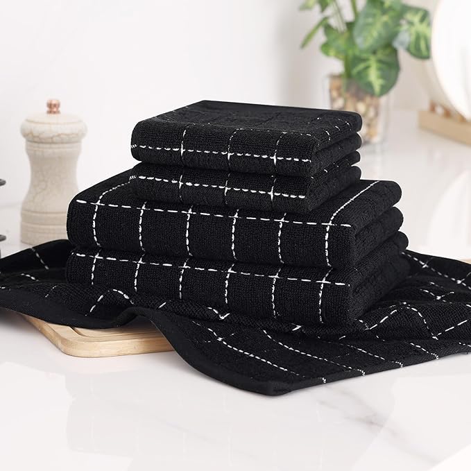 Homaxy Kitchen Towels and Dishcloths Set, 12 x 12 and 13 x 28 Inches, Set of 12 Bulk Cotton Terry Kitchen Towels Set, Checkered Designed, Soft and Super Absorbent Dish Towels, Black