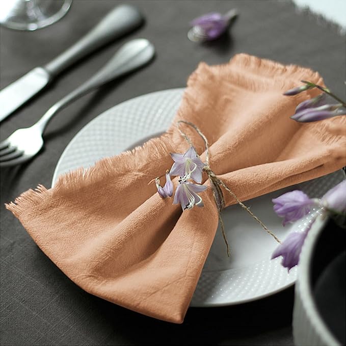 Handmade Cloth Napkins 100% Cotton Napkins with Fringe，Delicate Handmade Cloth Napkins for Dinners, Parties, Weddings and More，18 x 18 Inch Set of 6 - Caramel
