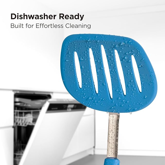 Kitchen Mama WaltzGrip Platinum Silicone Pancake Spatula Turner: Heat Resistant Flexible, Stainless Steel Core, Nonstick, Dishwasher Safe, Flipper – Ideal Kitchen Cookware for Eggs, Fish, Meat (Blue)
